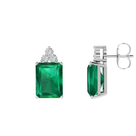 Trio Minimalist Emerald-Cut Emerald Earrings with Elegant Diamond Side Accents in 18K White Gold (4.5ct)