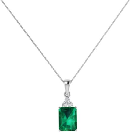 Trio Minimalist Emerald-Cut Emerald Pendant with Elegant Diamond Side Accents in 18K White Gold (2.25ct)