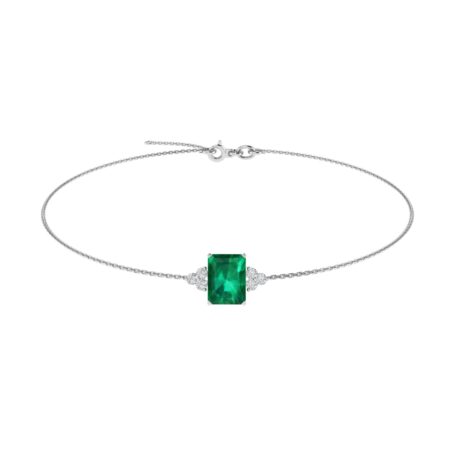 Trio Minimalist Emerald-Cut Emerald Bracelet with Elegant Diamond Side Accents in 18K White Gold (2.25ct)