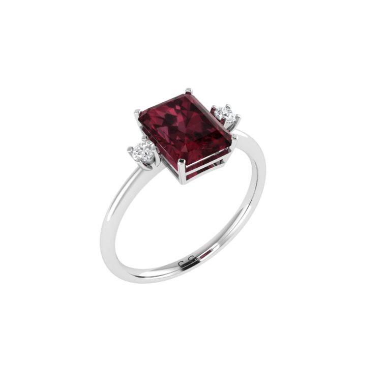 Minimalist Emerald-Cut Garnet Ring with Elegant Diamond Side Accents in 18K White Gold (2.8ct)