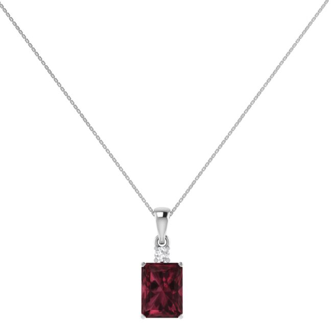 Minimalist Emerald-Cut Garnet Pendant with Elegant Diamond Side Accents in 18K White Gold (2.8ct)