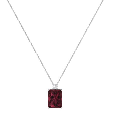 Minimalist Emerald-Cut Garnet Necklace with Elegant Diamond Side Accents in 18K White Gold (2.8ct)