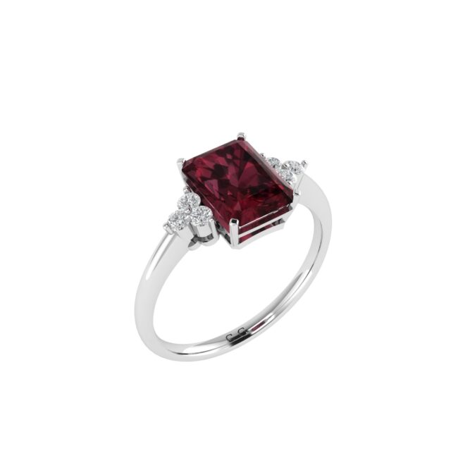 Trio Minimalist Emerald-Cut Garnet Ring with Elegant Diamond Side Accents in 18K White Gold (2.8ct)