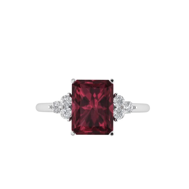 Trio Minimalist Emerald-Cut Garnet Ring with Elegant Diamond Side Accents in 18K White Gold (2.8ct)