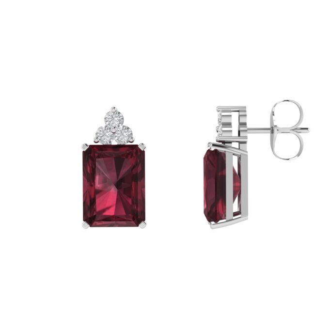 Trio Minimalist Emerald-Cut Garnet Earrings with Elegant Diamond Side Accents in 18K White Gold (5.6ct)