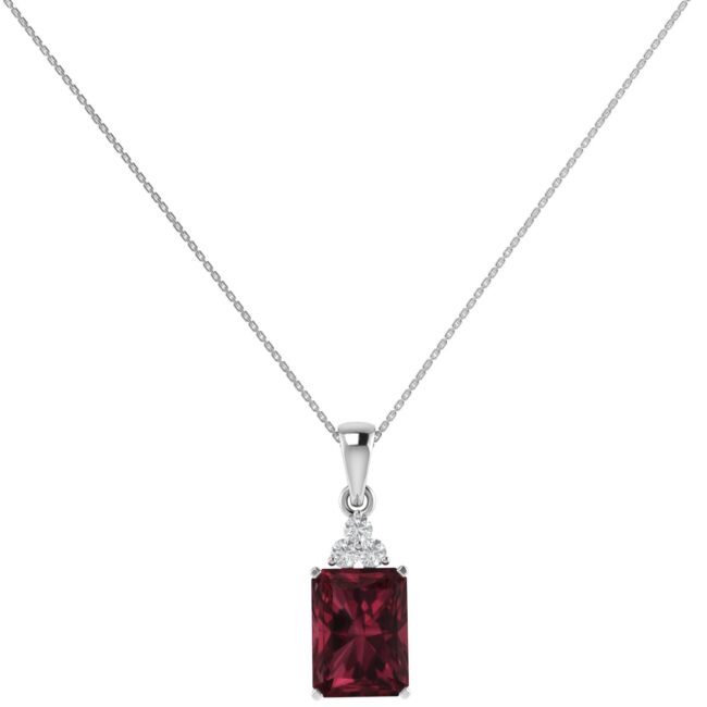 Trio Minimalist Emerald-Cut Garnet Pendant with Elegant Diamond Side Accents in 18K White Gold (2.8ct)