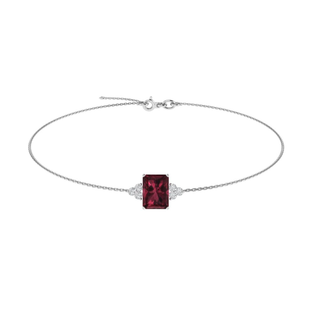 Trio Minimalist Emerald-Cut Garnet Bracelet with Elegant Diamond Side Accents in 18K White Gold (2.8ct)