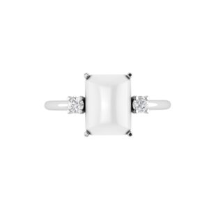 Minimalist Emerald-Cut Moonstone Ring with Elegant Diamond Side Accents in 18K White Gold (2.8ct)