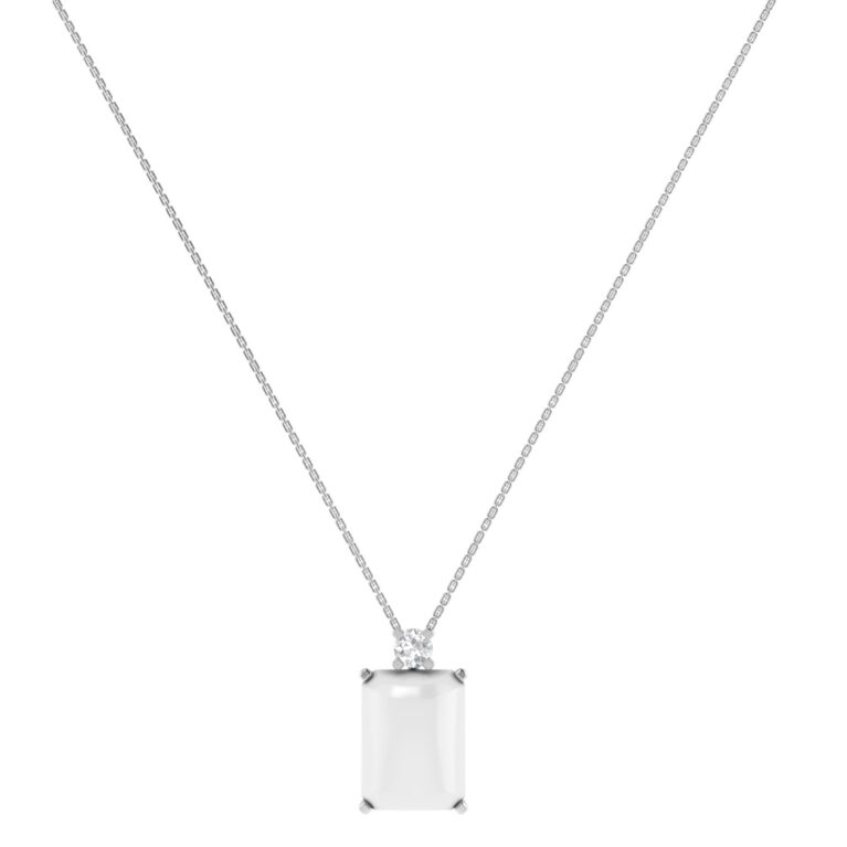 Minimalist Emerald-Cut Moonstone Necklace with Elegant Diamond Side Accents in 18K White Gold (2.8ct)