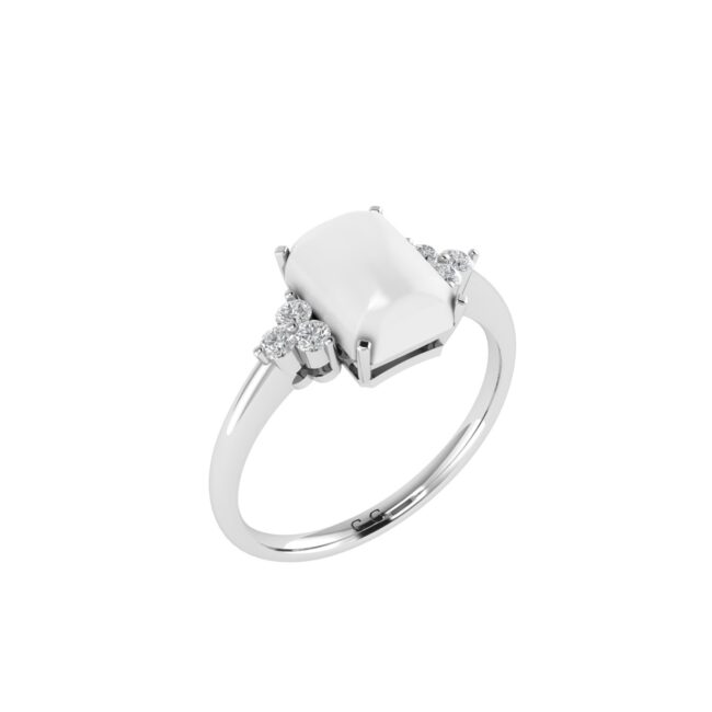 Trio Minimalist Emerald-Cut Moonstone Ring with Elegant Diamond Side Accents in 18K White Gold (2.8ct)