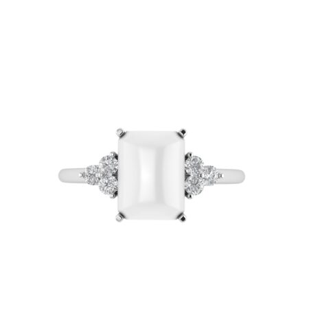 Trio Minimalist Emerald-Cut Moonstone Ring with Elegant Diamond Side Accents in 18K White Gold (2.8ct)