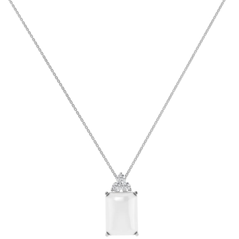 Trio Minimalist Emerald-Cut Moonstone Necklace with Elegant Diamond Side Accents in 18K White Gold (2.8ct)