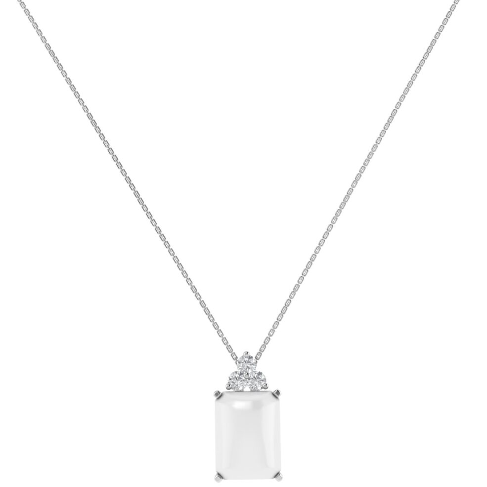 Trio Minimalist Emerald-Cut Moonstone Necklace with Elegant Diamond Side Accents in 18K White Gold (2.8ct)