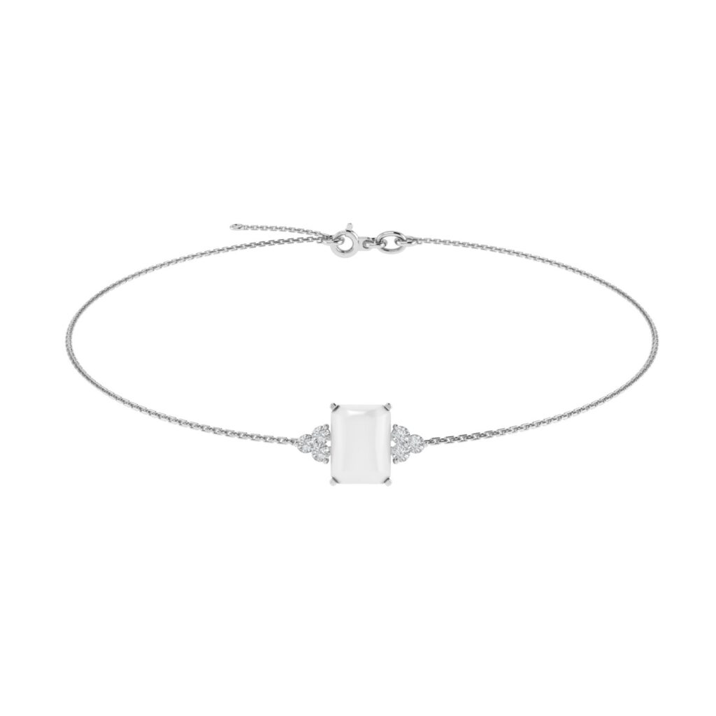 Trio Minimalist Emerald-Cut Moonstone Bracelet with Elegant Diamond Side Accents in 18K White Gold (2.8ct)