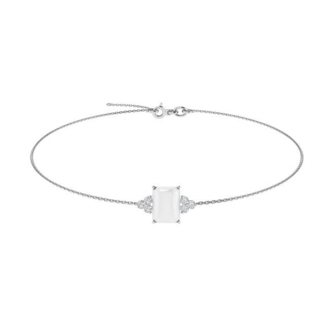 Trio Minimalist Emerald-Cut Moonstone Bracelet with Elegant Diamond Side Accents in 18K White Gold (2.8ct)