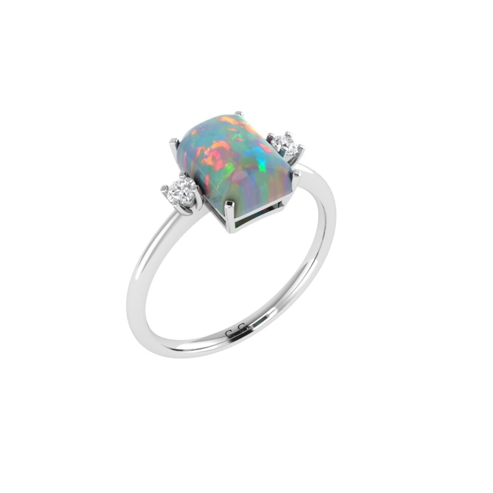 Minimalist Emerald-Cut Opal Ring with Elegant Diamond Side Accents in 18K White Gold (1.65ct)