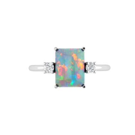 Minimalist Emerald-Cut Opal Ring with Elegant Diamond Side Accents in 18K White Gold (1.65ct)