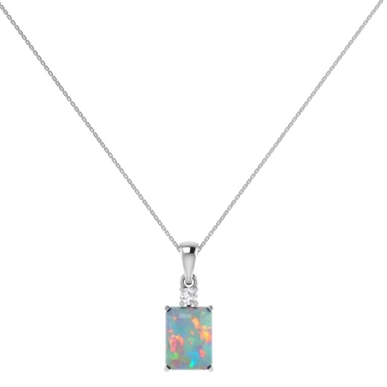 Minimalist Emerald-Cut Opal Pendant with Elegant Diamond Side Accents in 18K White Gold (1.65ct)