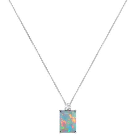 Minimalist Emerald-Cut Opal Necklace with Elegant Diamond Side Accents in 18K White Gold (1.65ct)