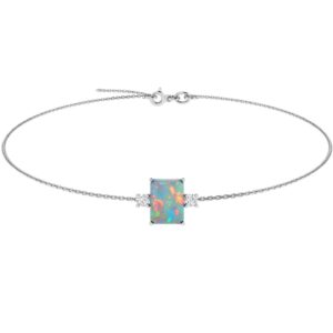 Minimalist Emerald-Cut Opal Bracelet with Elegant Diamond Side Accents in 18K White Gold (1.65ct)