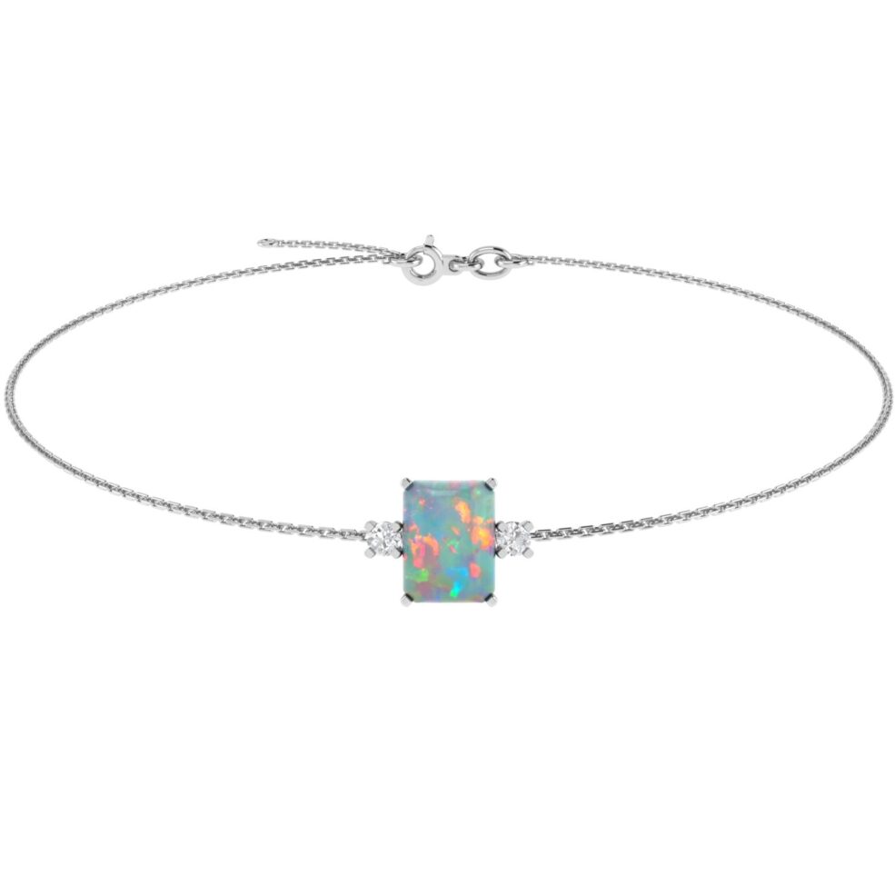 Minimalist Emerald-Cut Opal Bracelet with Elegant Diamond Side Accents in 18K White Gold (1.65ct)
