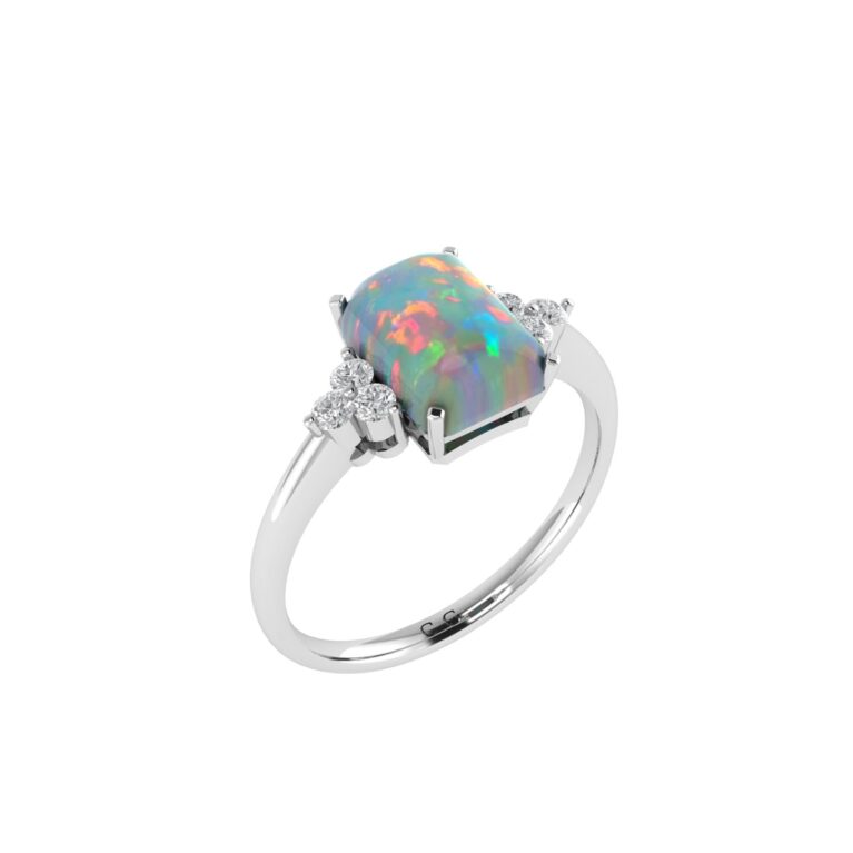 Trio Minimalist Emerald-Cut Opal Ring with Elegant Diamond Side Accents in 18K White Gold (1.65ct)