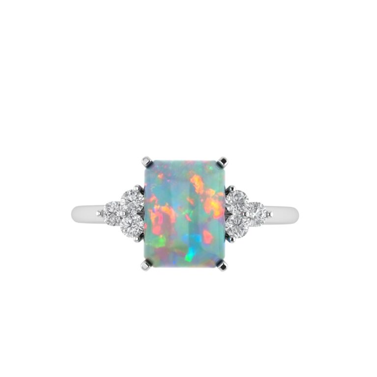 Trio Minimalist Emerald-Cut Opal Ring with Elegant Diamond Side Accents in 18K White Gold (1.65ct)