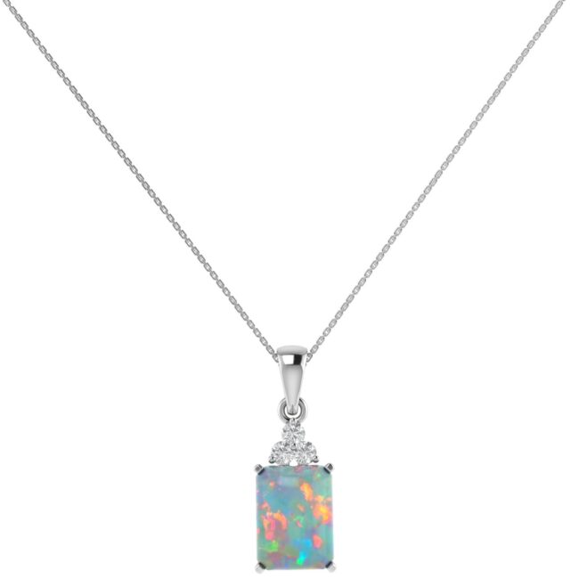 Trio Minimalist Emerald-Cut Opal Pendant with Elegant Diamond Side Accents in 18K White Gold (1.65ct)