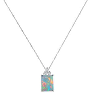 Trio Minimalist Emerald-Cut Opal Necklace with Elegant Diamond Side Accents in 18K White Gold (1.65ct)