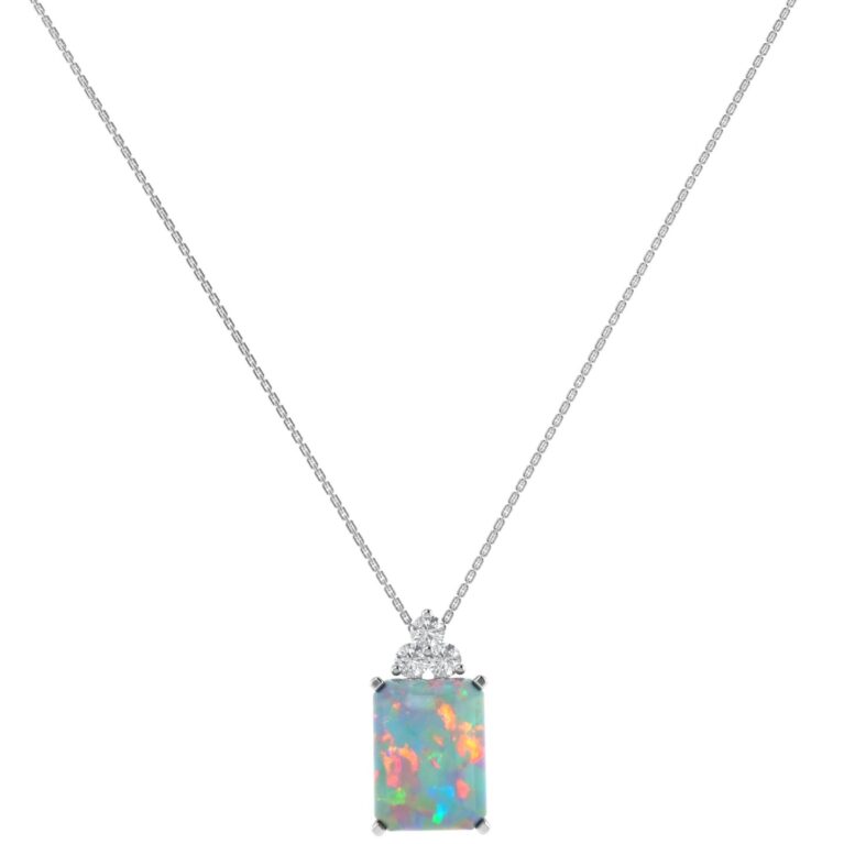 Trio Minimalist Emerald-Cut Opal Necklace with Elegant Diamond Side Accents in 18K White Gold (1.65ct)