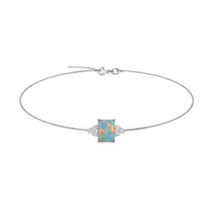 Trio Minimalist Emerald-Cut Opal Bracelet with Elegant Diamond Side Accents in 18K White Gold (1.65ct)