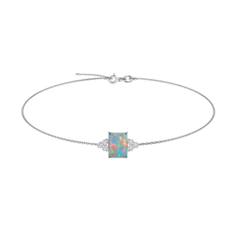 Trio Minimalist Emerald-Cut Opal Bracelet with Elegant Diamond Side Accents in 18K White Gold (1.65ct)
