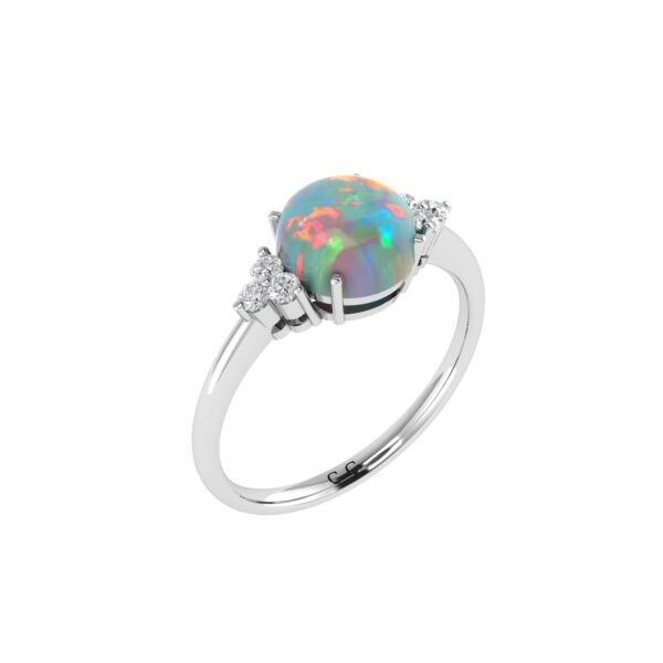 Round Opal Brilliance Ring with Triple Diamond Accents in 18K Gold