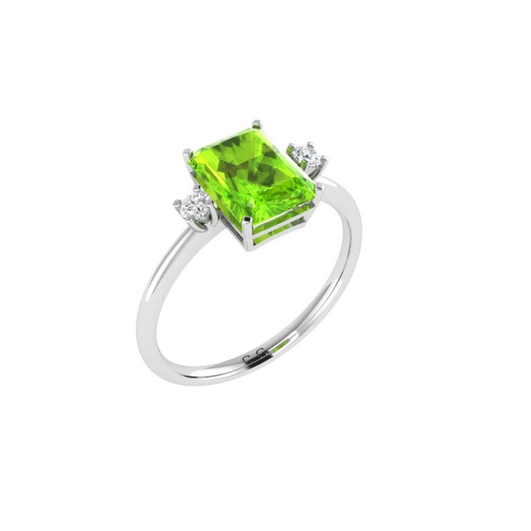 Minimalist Emerald-Cut Peridot Ring with Elegant Diamond Side Accents in 18K White Gold (2.25ct)