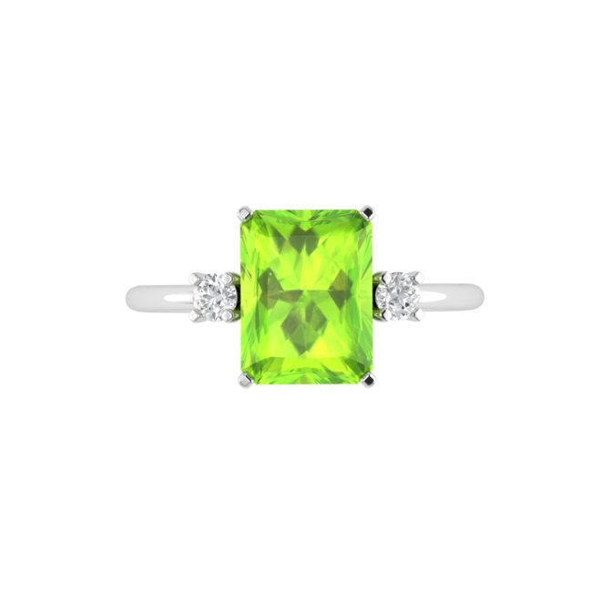 Minimalist Emerald-Cut Peridot Ring with Elegant Diamond Side Accents in 18K White Gold (2.25ct)