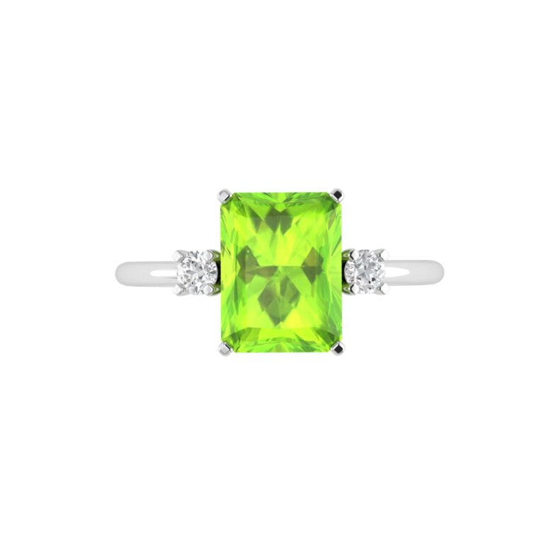 Minimalist Emerald-Cut Peridot Ring with Elegant Diamond Side Accents in 18K White Gold (2.25ct)