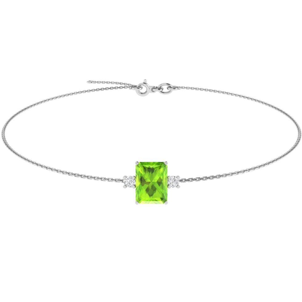 Minimalist Emerald-Cut Peridot Bracelet with Elegant Diamond Side Accents in 18K White Gold (2.25ct)