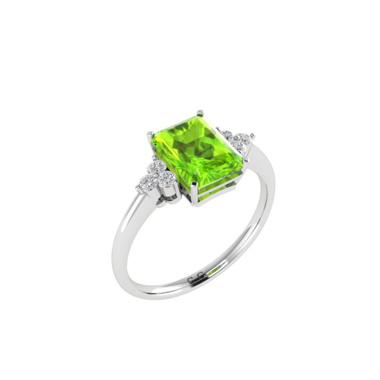 Trio Minimalist Emerald-Cut Peridot Ring with Elegant Diamond Side Accents in 18K White Gold (2.25ct)