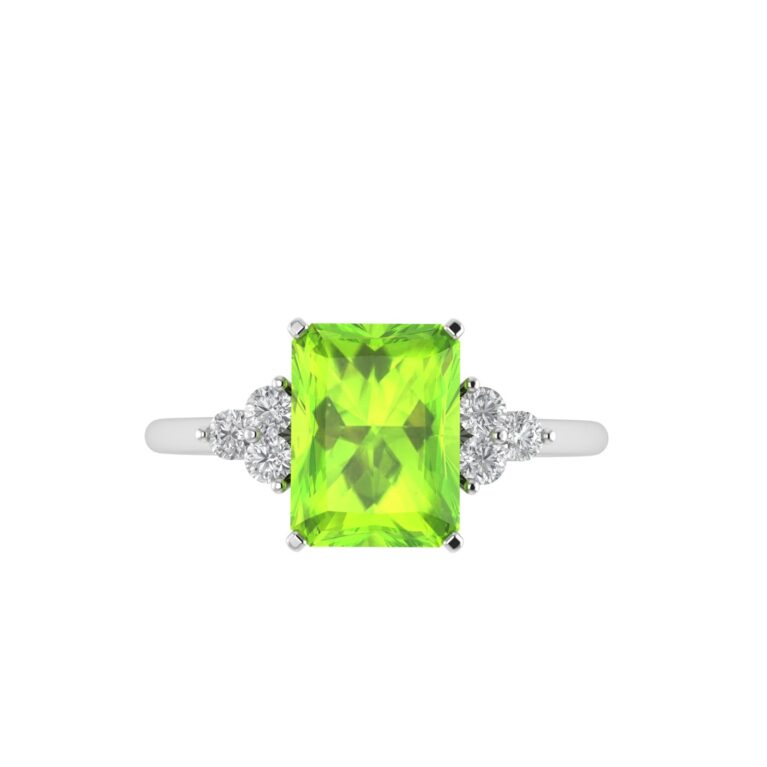 Trio Minimalist Emerald-Cut Peridot Ring with Elegant Diamond Side Accents in 18K White Gold (2.25ct)