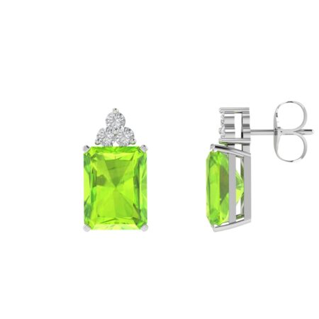 Trio Minimalist Emerald-Cut Peridot Earrings with Elegant Diamond Side Accents in 18K White Gold (4.5ct)