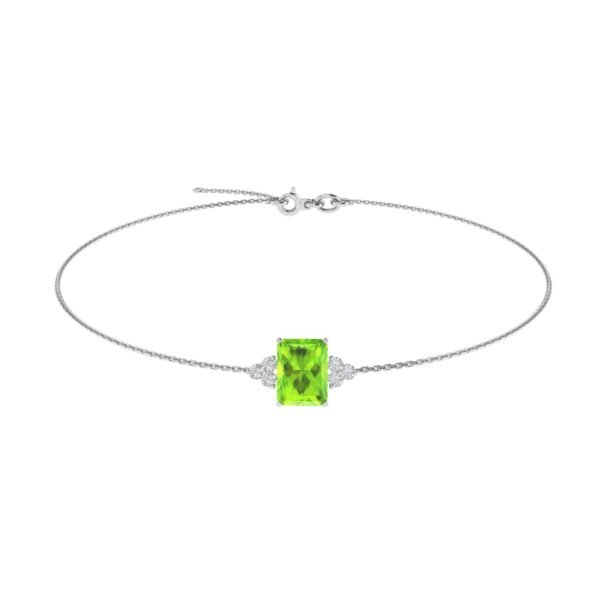 Trio Minimalist Emerald-Cut Peridot Bracelet with Elegant Diamond Side Accents in 18K White Gold (2.25ct)