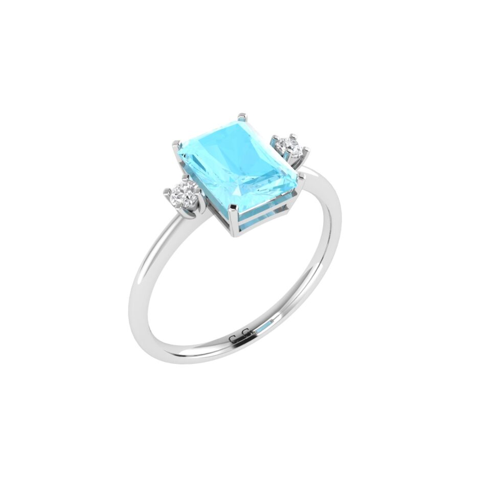 Minimalist Emerald-Cut Aquamarine Ring with Elegant Diamond Side Accents in 18K White Gold (2.25ct)