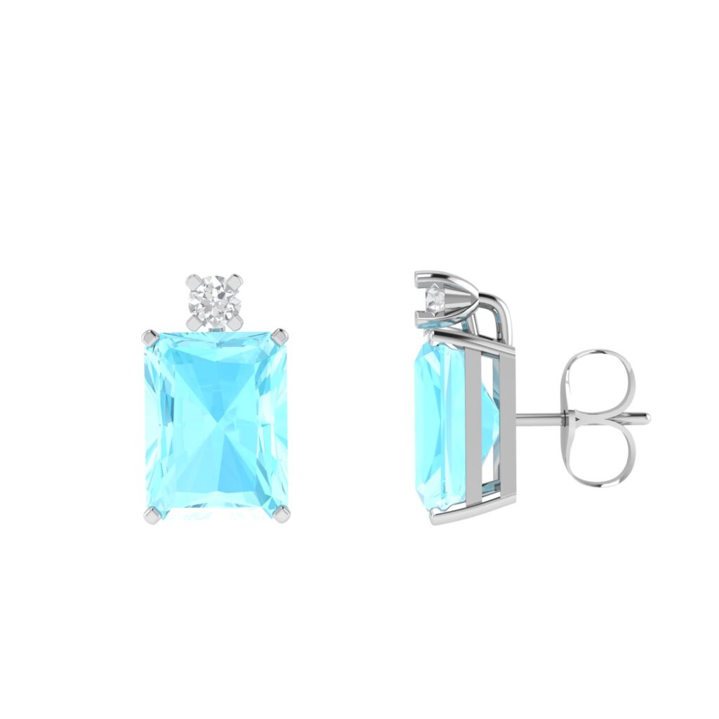 Minimalist Emerald-Cut Aquamarine Earrings with Elegant Diamond Side Accents in 18K White Gold (4.5ct)