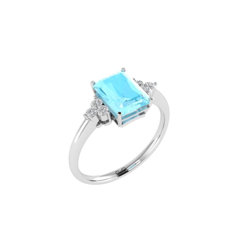 Trio Minimalist Emerald-Cut Aquamarine Ring with Elegant Diamond Side Accents in 18K White Gold (2.25ct)