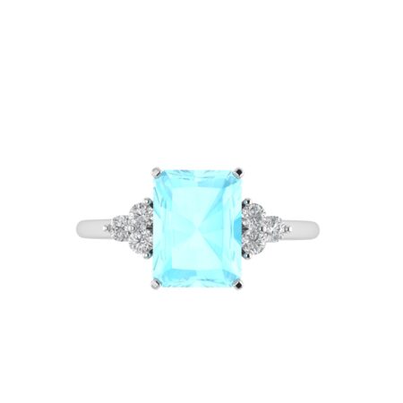 Trio Minimalist Emerald-Cut Aquamarine Ring with Elegant Diamond Side Accents in 18K White Gold (2.25ct)