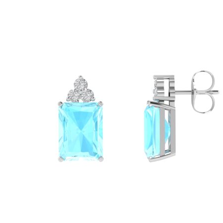 Trio Minimalist Emerald-Cut Aquamarine Earrings with Elegant Diamond Side Accents in 18K White Gold (4.5ct)