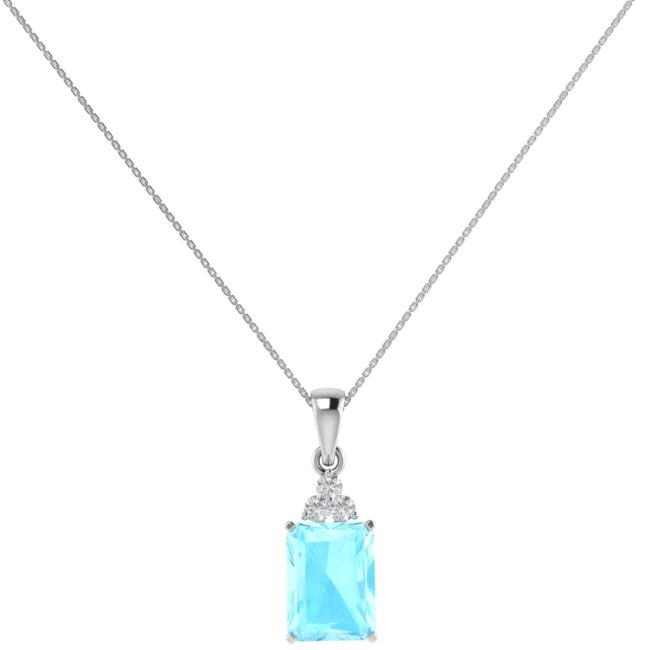 Trio Minimalist Emerald-Cut Aquamarine Pendant with Elegant Diamond Side Accents in 18K White Gold (2.25ct)