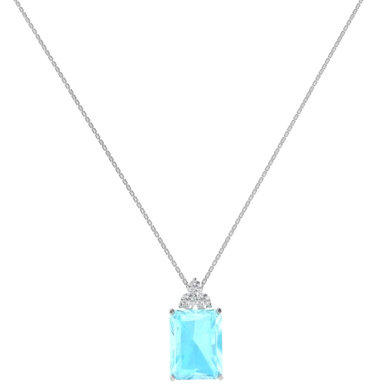 Trio Minimalist Emerald-Cut Aquamarine Necklace with Elegant Diamond Side Accents in 18K White Gold (2.25ct)
