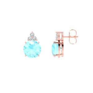 Triple Diamond Round Aquamarine Earrings in 18k Gold