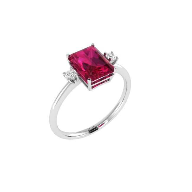 Minimalist Emerald-Cut Ruby Ring with Elegant Diamond Side Accents in 18K White Gold (3.15ct)